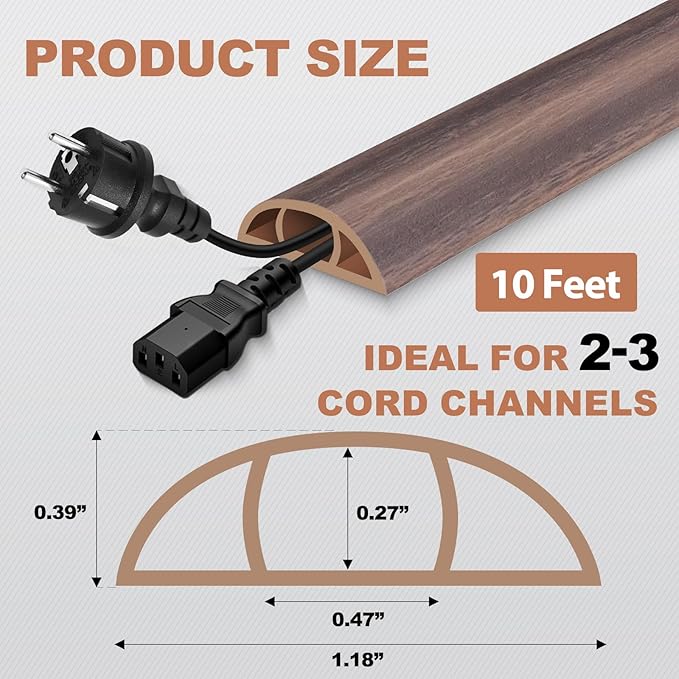 Floor Cord Cover for Wires on Floor Self Adhesive Cord Hider Floor Cable Management Wire Covers for Cords Protector Prevent Cable Trips Cord Cavity W 0.47" x H 0.27", Grayish Brown Wood, 10Ft