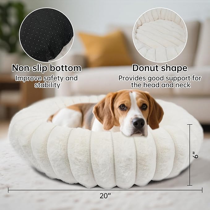 Donut Dog and Cat Bed, Luxurious Comfortable Faux Rabbit Fur Pet Beds, Soft Anti-Anxiety Calming Puppy Kitten Bed with Anti-Slip Bottom for Small Dogs & Cats(20", White)