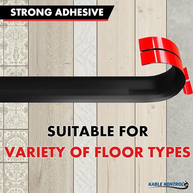 Kable Kontrol Silicone Floor Cord Cover - 5 Ft Flexible Cord Protector, Self Adhesive, for Concealing Extension Cable, Protecting Wires, Prevents Trips – 2.5in W X 0.5in H - 5 Pcs - Black