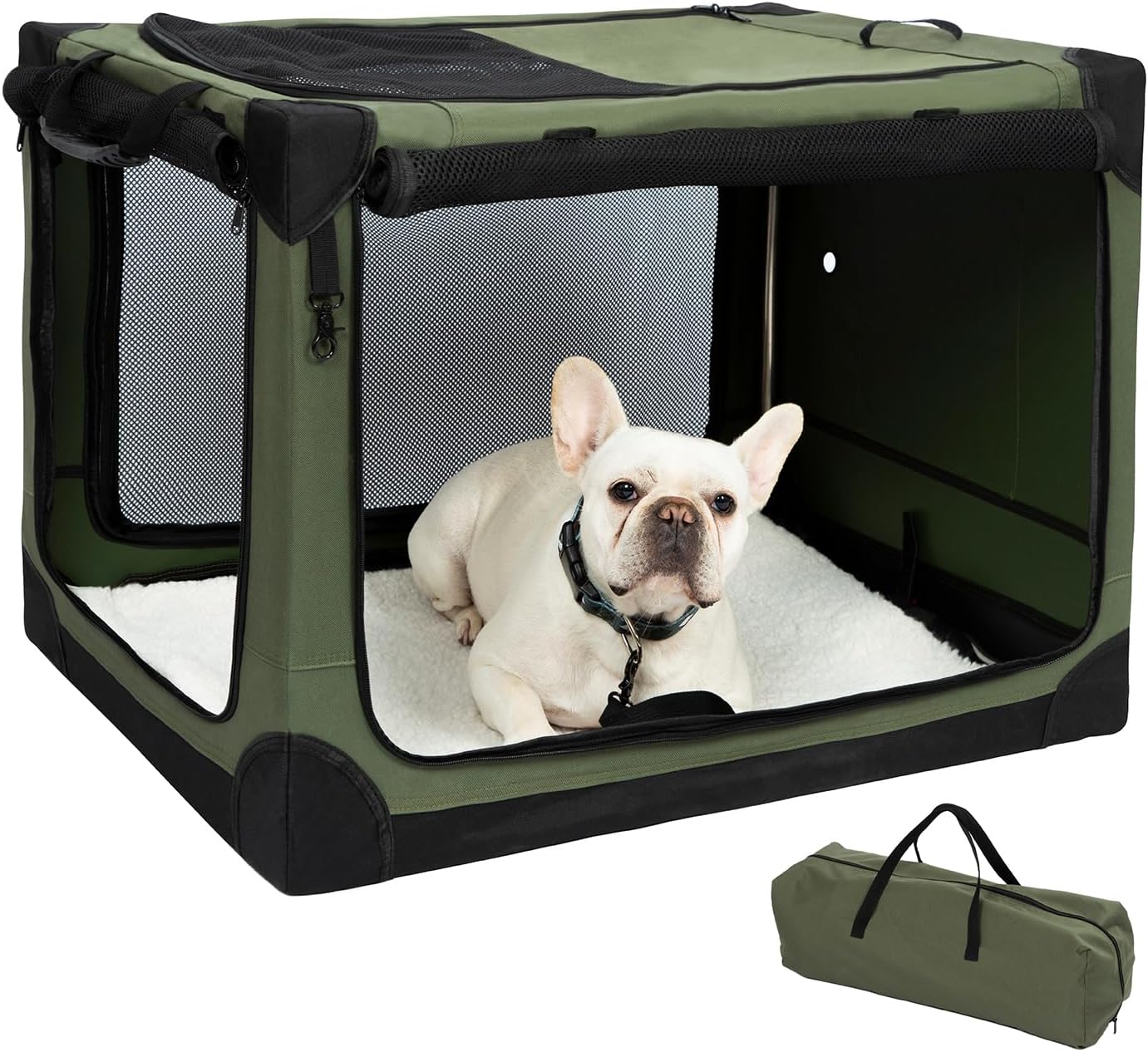 Pettycare Portable Travel Dog Crate 4-Door Soft Sided 30 Inch Collapsible Dog Crate with Curtains Durable Mesh Foldable Pet Kennel Soft Crates for Medium Dogs Indoor & Outdoor Olive Green