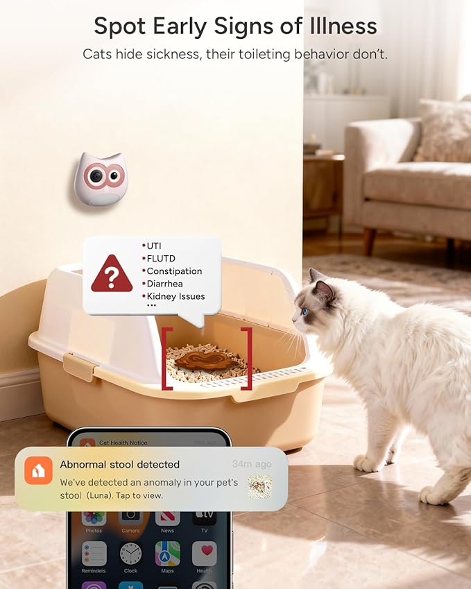 Litter Box Camera – AI Cat Health Monitoring, Records Cat's Toileting Behavior, Abnormal Alerts, Fits Automatic & Standard Litter Boxes, Multi-Cat Support, Cat Cam with Night Vision(Grey)