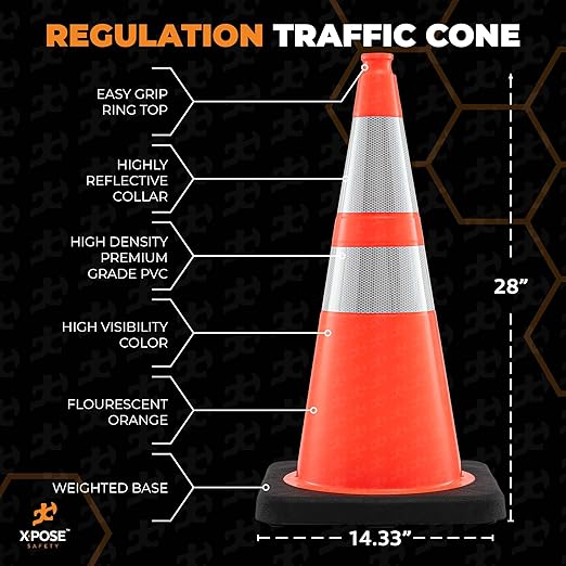 Xpose Safety 28 Inch Orange Traffic Cones Heavy Duty 10lb with 6" & 4" Collars, 1 Pack - Multipurpose PVC Plastic Safety Cone for Parking, Soccer, Caution, Kids and Construction - DOT Approved