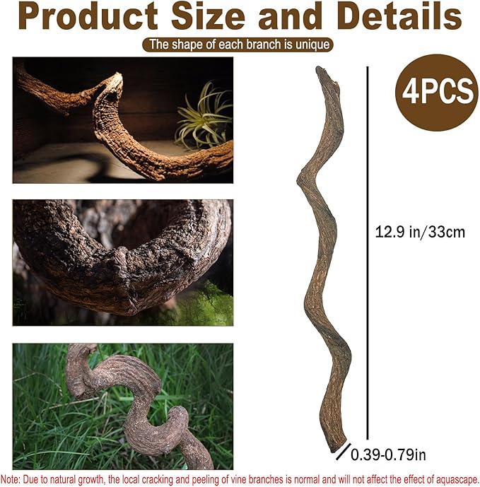 Reptile Decor Natural Forest Branch Terrarium Habitat Driftwood Decoration Lizard Climbing Tree Branch for Bearded Dragon Gecko Snake Frog Chameleon Spider 4PCS