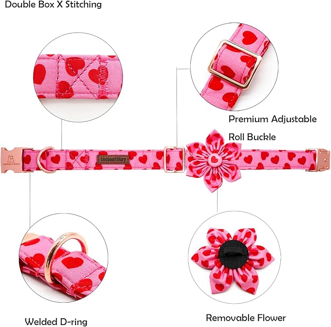 Lionheart glory Valentine's Day Dog Collar with Flower Dog Collar for Large Dogs, Soft Adjustable Hearts Dogs Collars Spring Pet Collars Flower Puppy
