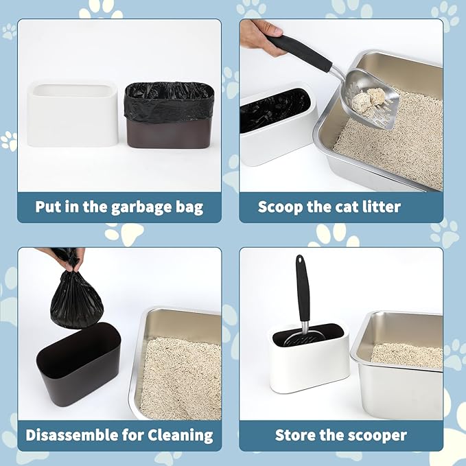 Heavy-Duty Cat Litter Scoop with Holder, Metal Cat Scooper and Detachable Trash Can,Aluminum Kitty Poop Shovel Captures All Clumps,Speed Sifter Litter Box Scooper and Caddy with Lid(White)