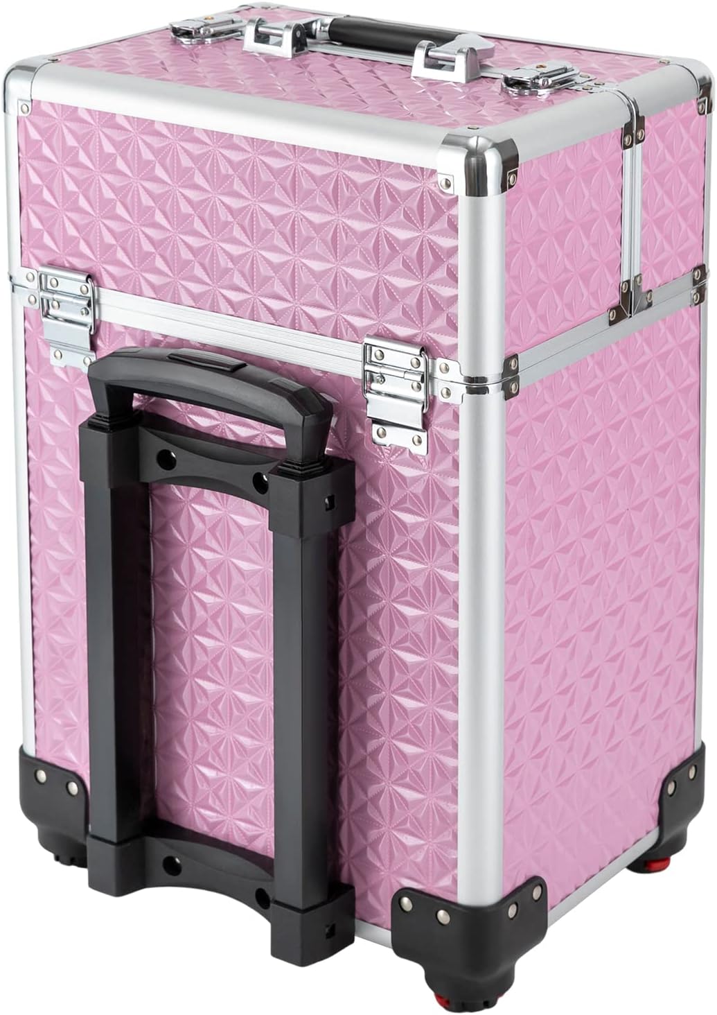 Rolling Makeup Train Case,Professional Aluminum Trolley Case with 4 Detachable Wheels,Nail Polish Organizer with 7 Compartments and a Drawer,for Storing Scissors Makeup Jewelry (Pink Style A)