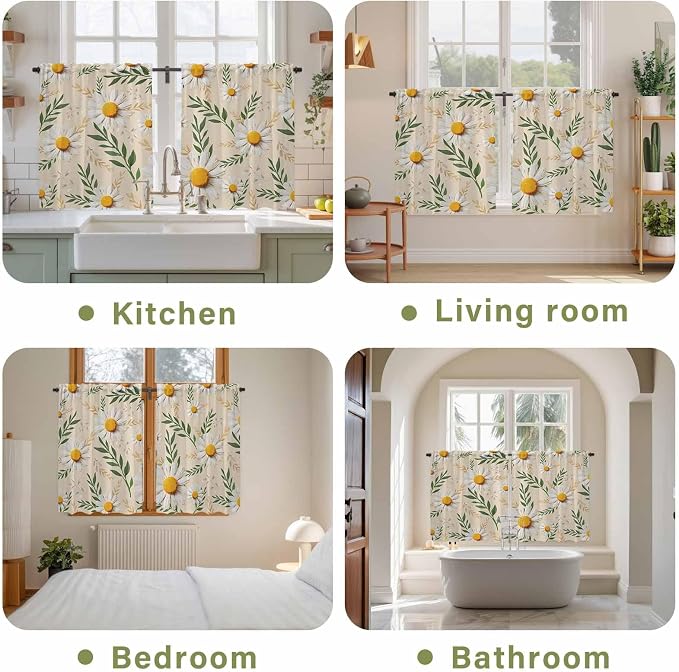 Spring Daisy Kitchen Curtains, Country Watercolor Flower Leaf Plant Light