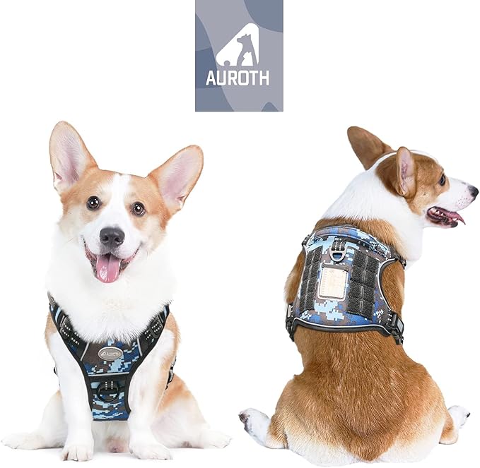 Auroth Tactical Dog Training Harness No Pulling Front Clip Leash Adhesion Reflective Pet Working Vest Easy Control for Small Medium Large Dogs Blue Camo M