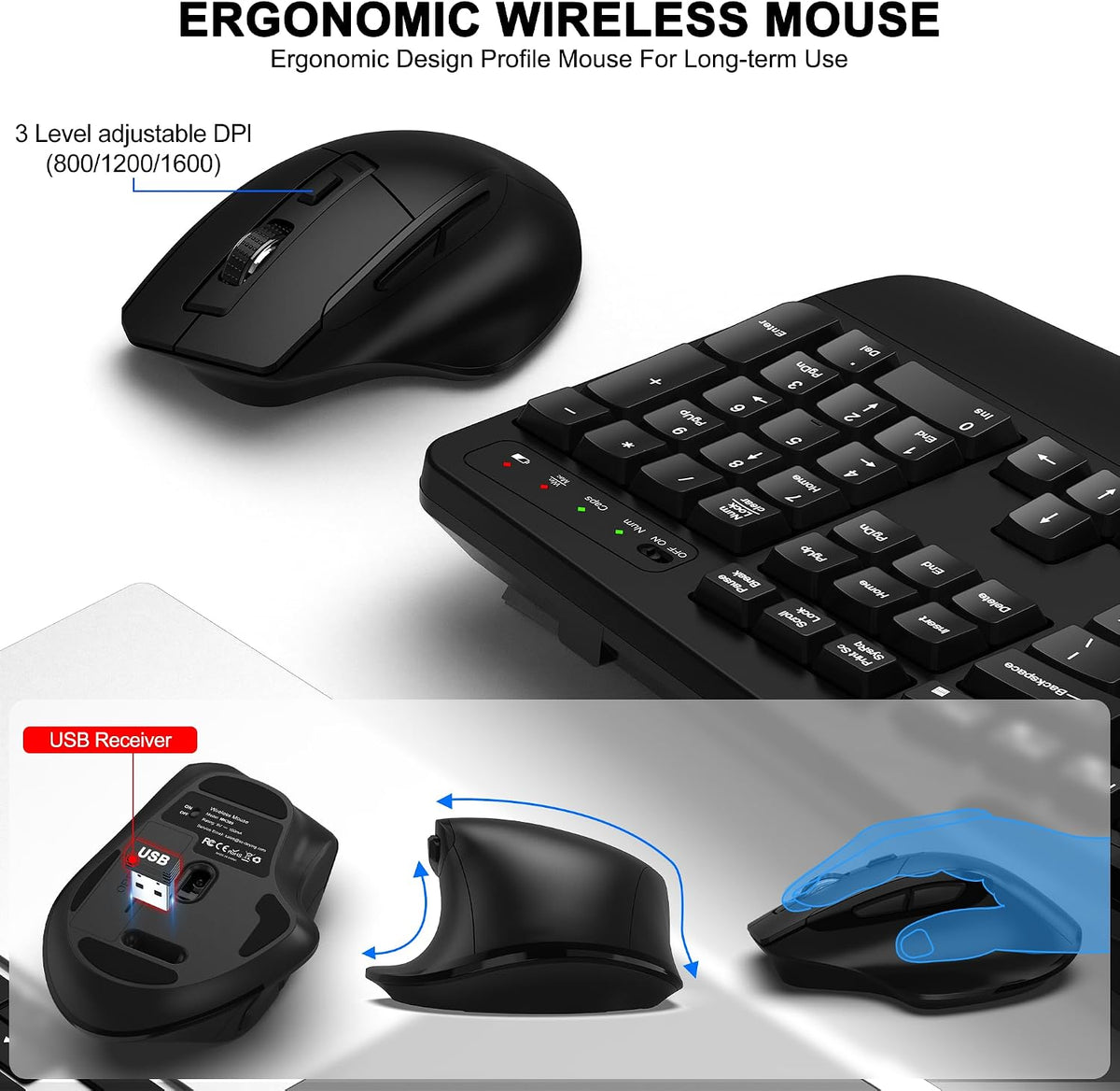 Wireless Keyboard and Mouse Combo, 2.4G Ergonomic Wave Keys(Black)