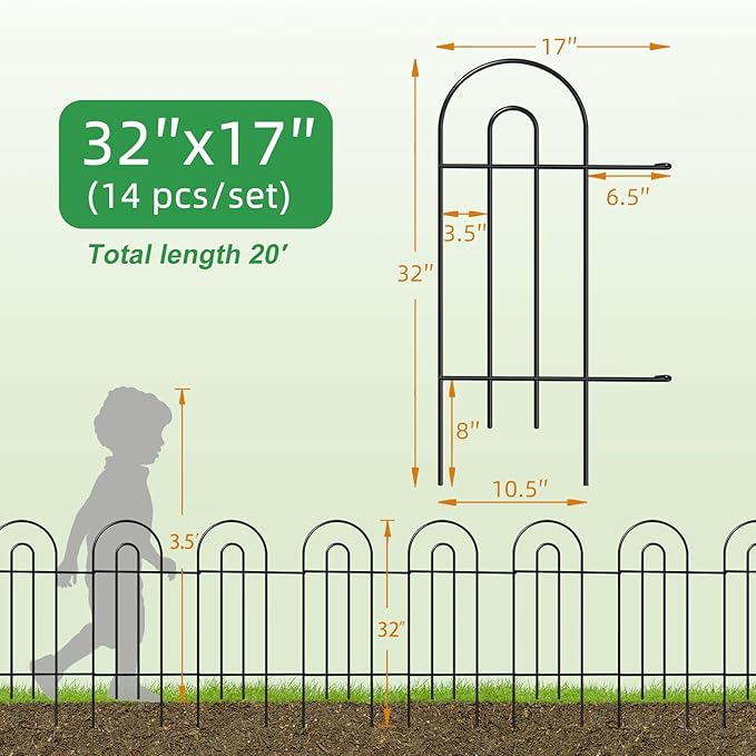 Garden Fence Border 32inX20ft Black Metal Wire Garden Fencing Panel Outdoor Folding Decorative Fences Flower Lawn Edging for Landscape Patio Yard