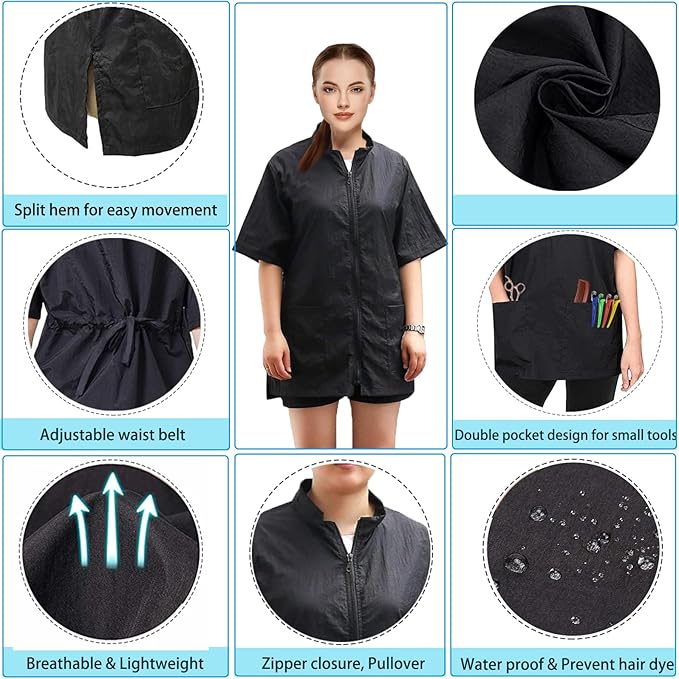 Gliitatu Grooming Smock for Dog Groomer Barber Jackets for Women Men Professional Salon Cosmetologist Smock Black Full Zipper
