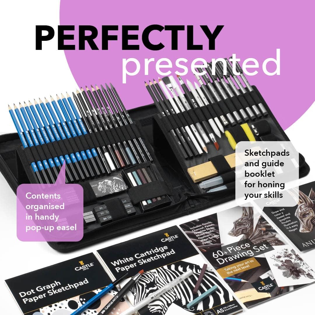 Castle Art Supplies 60 Piece Drawing, Sketching and Charcoal Set for Adults