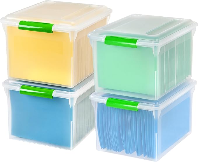 IRIS USA File Box File Organizer Plastic File Box for Letter/Legal File, BPA-Free Plastic Storage Bin Tote Organizer w/Secure Latching Lid and Easy-Slide Pad, Clear 35 Qt. 4Pack