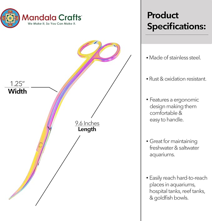 Mandala Crafts Rainbow Stainless Steel Curved Aquarium Scissors for Trimming Aquatic Plants – Wave Aquascape Scissors for Fish Tanks, Hospital Tanks, Goldfish Bowls, Aquariums, and Terrariums
