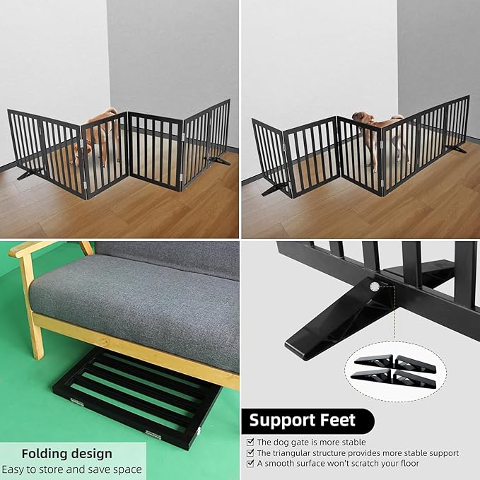 ZJSF Freestanding Indoor Dog Gate for House Foldable Wood Puppy Gate for Doorways Pet Gate for Stairs Extra Wide Pet Fence, Black, 24" Height 6 Panels
