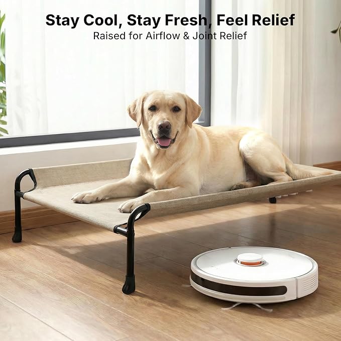 Veehoo Outdoor Dog Bed, Raised Dog Beds for Large Dogs, Elevated Dog Bed with Headrest, Washable Cooling Pet Cot with Non-Skid Feet, Breathable Mesh, Pet Hammock for Indoor or Camping, 47", Beige