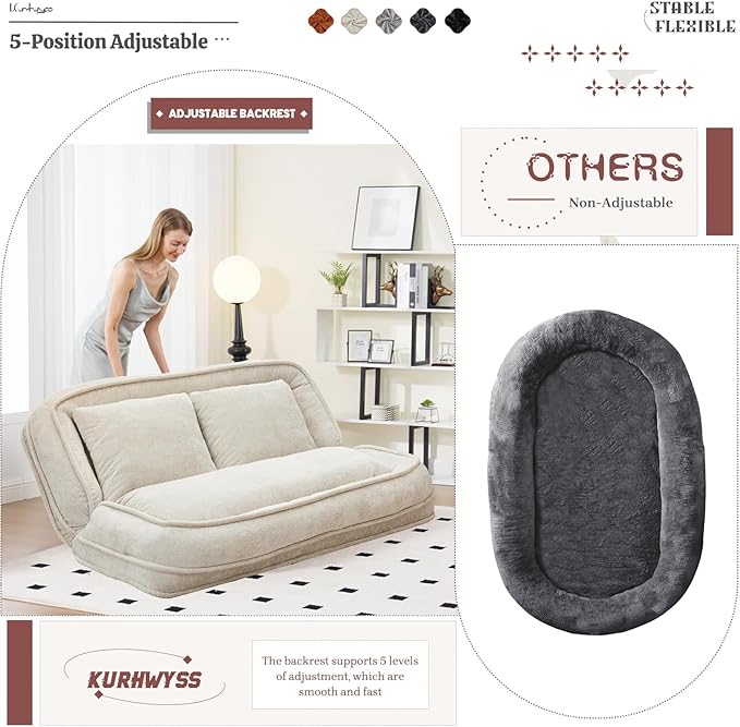 Extra Large Human Dog Bed for Adult & Pets, Convertible Floor Sofa Bed with 5 Adjustable Position, Lazy Couch Giant Bean Bag Lounge Chair Comfy Tatami with 3 Pillows for Bedroom Living Room (Beige)