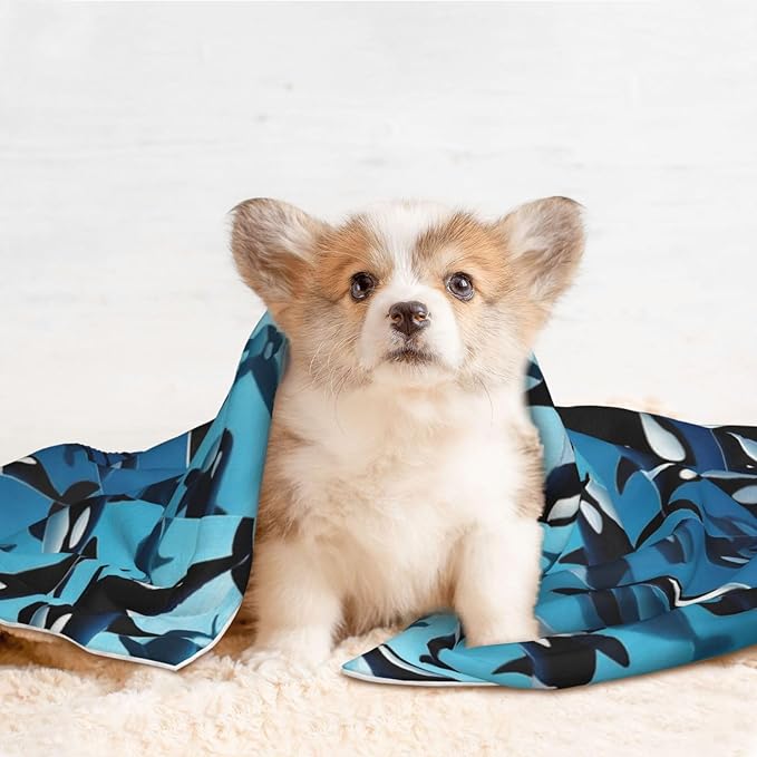 Reversible Plush Throw for Dogs and Cats, Killer Whales Orcas Ocean Sea Animals, Double Sided Blanket with Nubby Dot Side and Sleek Side Ideal for Cuddling Nesting Security
