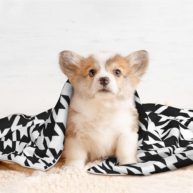 Reversible Plush Throw for Dogs and Cats, Black and White Houndstooth, Double Sided Blanket with Nubby Dot Side and Sleek Side Ideal for Cuddling Nesting Security