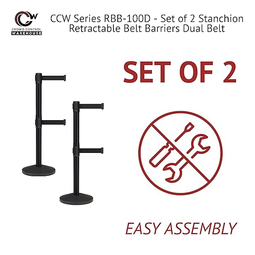 Crowd Control Warehouse CCW Series RBB-100D Set of 2 Stanchion Retractable Belt Barriers - Sloped Base, 11 Foot, Orange Dual Belt with Black Post - Easy Assembly