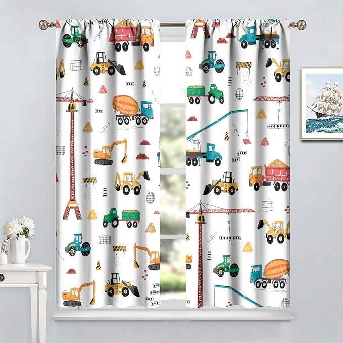 Construction Window Curtains, Kids Cartoon Construction Machines Building Hand