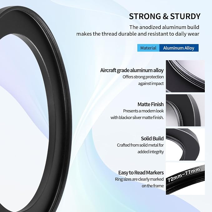 72-77mm Step-Up Ring Adapter, 72mm to 77mm Step Up Filter Ring
