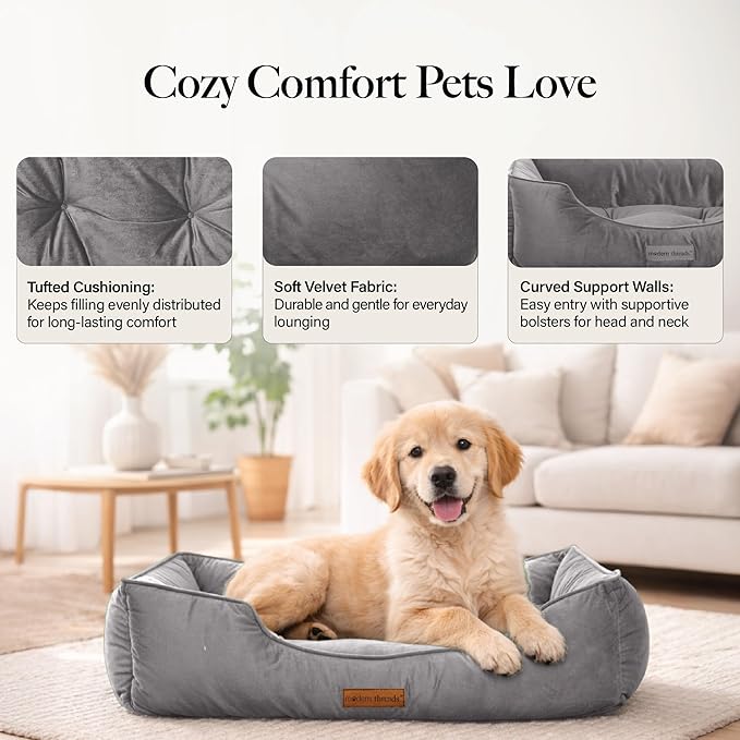 Modern Threads Luxury Dog Bed - Comfortable Tufted Velvet Cushion for Small to Medium Dogs - Machine Washable - Durable & Cute Sleep Space for Pets - Pamper Your Pet with Cozy Beds - Charcoal