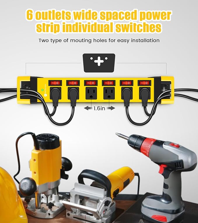 Heavy Duty Power Strip,6 Outlets Metal Power Strip with Individual Switch & Cord Management,Mountable Surge Protector 1200J,10FT Extension Cord(Yellow,10 FT)