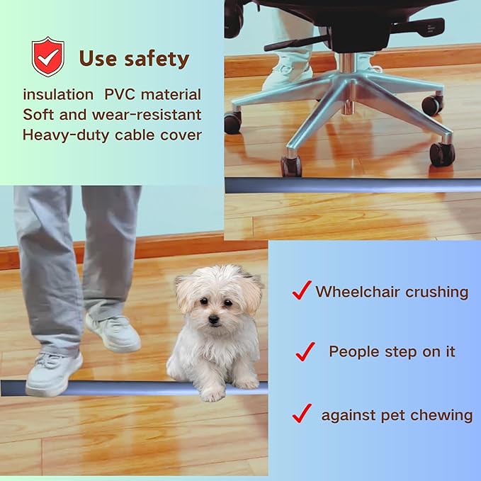3.3ft Self Adhesive Floor Cord Cover,Heavy Duty Soft PVC Cable Protector and Extension Cord Hider,Cord Management System to Hide Wires on Floor,Cable Cavity:0.61" (W) x 0.32" (H) Gray