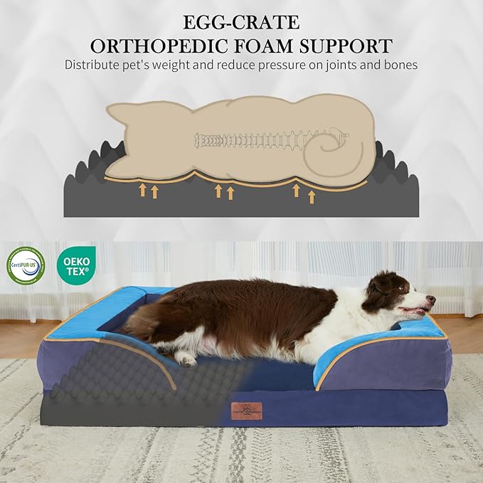 Comfort Expression Orthopedic Dog Bed for Extra Large Dogs 45x35 Inch, Waterproof Egg Crate Foam XL Pet Bed with Removable Bolsters, Dog Couch with Washable Cover & Non-Slip Bottom, Hidden Bay