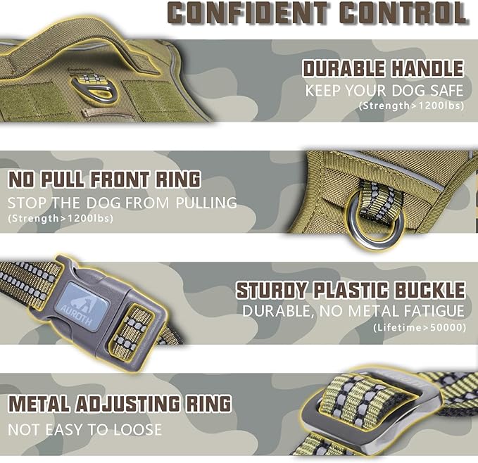 AUROTH Tactical Dog Harness for Small Medium Dogs No Pull Adjustable Pet Harness Reflective Working Training Easy Control Pet Vest Military Service Dog Harnesses Army Yellow S
