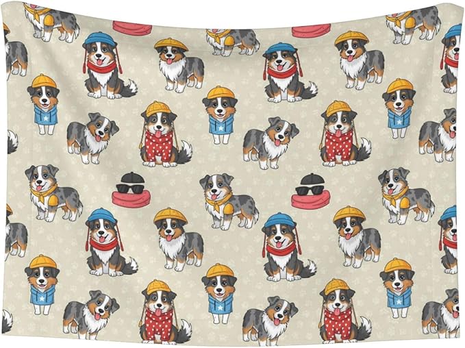 Double Sided Pet Mat for Dog Bed Topper Cat Blanket Furniture Protector, Cute Australian Shepherd Dog and Puppy, Reversible Plush with Tactile Dot Pattern for Style Change