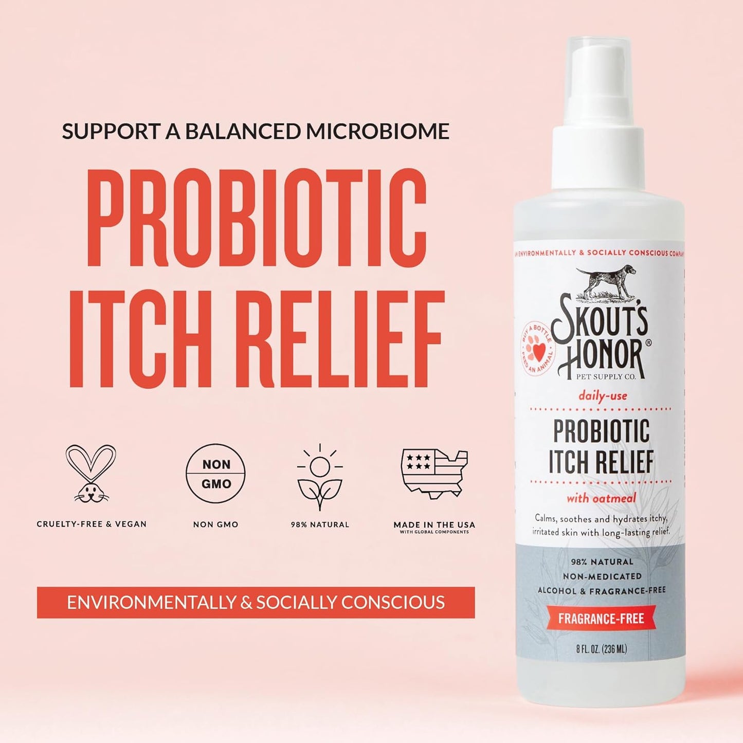 SKOUT'S HONOR Probiotic Itch Relief Spray for Pets - Non-Medicated, Fragrance-Free, Natural, Vegan, Long-Lasting Relief, with Soothing Aloe & Avocado Oil, 8 oz