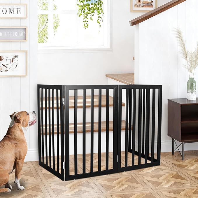 ZJSF Freestanding Indoor Dog Gate for House Foldable Wood Black Puppy Gate for Doorways Pet Gate for Stairs Extra Wide Pet Fence 32" Height 3 Panels