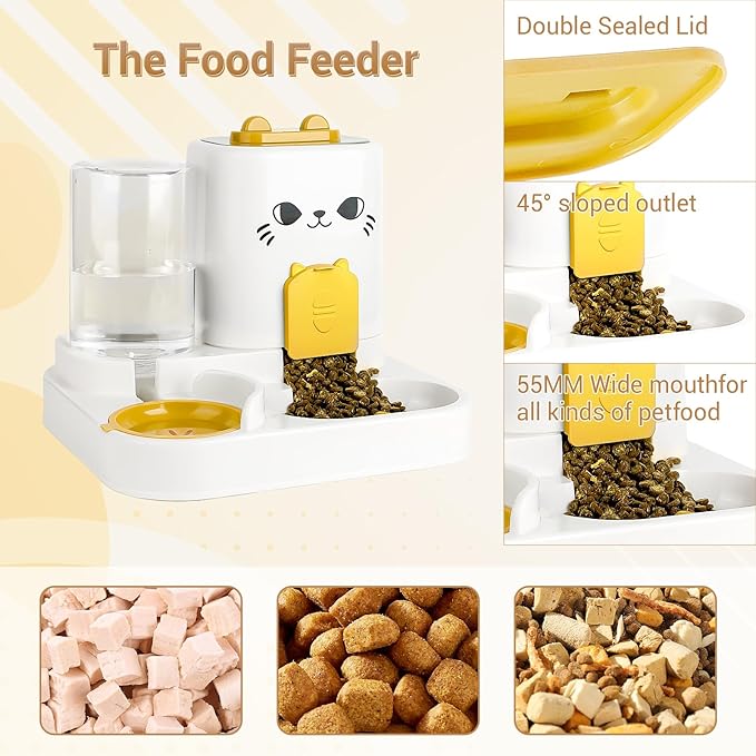 2-in-1 Gravity Pet Feeder & Water Dispenser for Cats Dogs - Large Capacity Cat Food Station with Water Bowl, Travel-Friendly (Yellow)