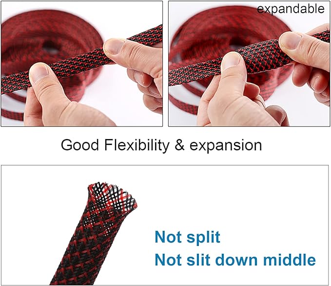100ft - 3/8 inch PET Expandable Braided Sleeving – BlackRed – Alex Tech Braided Cable Sleeve