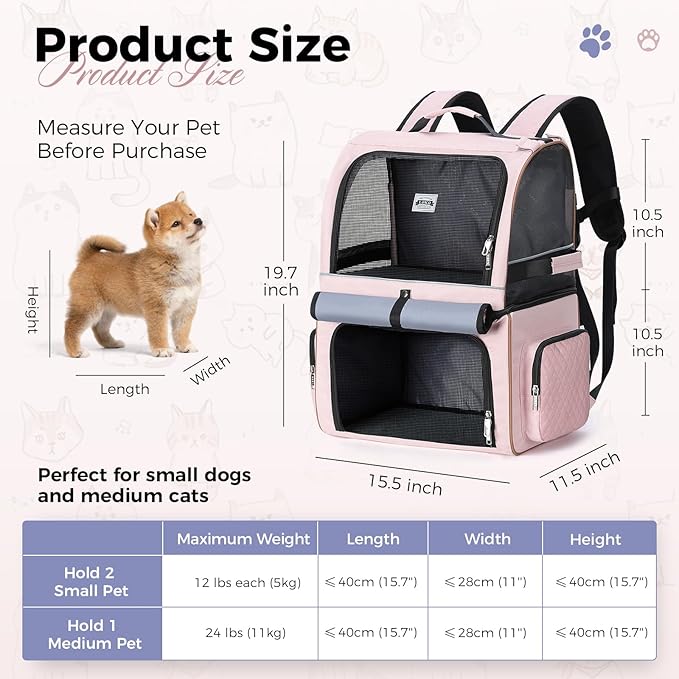 Lekebobor Double Cat Backpack Carrier for 2 Cats, Double-Compartment Pet Carrier Backpack for Two Small Cat or One Medium Cat, Cats Carrier Backpack Dog Carrier Backpack Fits Up to 24 Lbs,Pink
