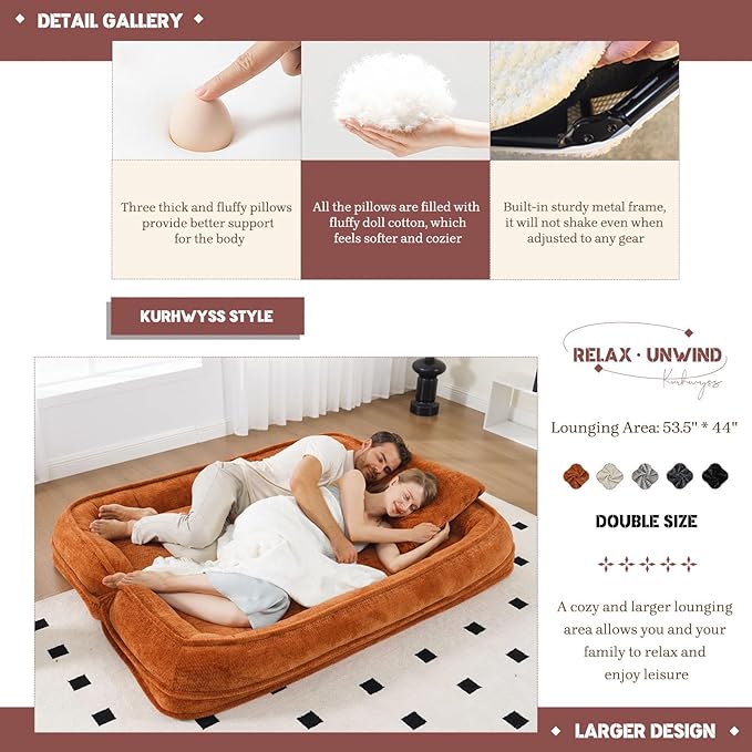 Extra Large Human Dog Bed for Adult & Pets, Convertible Floor Sofa Bed with 5 Adjustable Position, Lazy Couch Giant Bean Bag Lounge Chair Comfy Tatami with 3 Pillows for Bedroom Living Room (Orange)