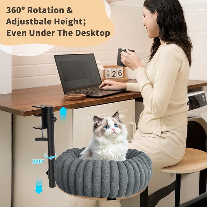 360° Rotating Cat Bed for Desk, 19.68'' Cat Hammock for Table, Up/Down Mount Perch (10'' Height Range) Washable Plush Pad, Sturdy 50lbs Metal Frame, Home Office Mount Cats Nest