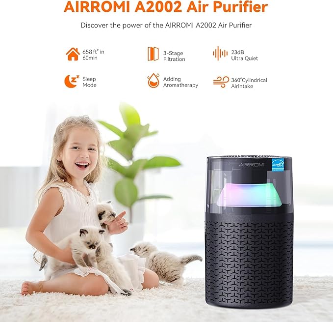 AIRROMI Pet Air Purifier for Home & Bedroom, HEPA Activated Carbon Filter, Removes Pet Dander & Odor, Allergies, Smoke, Hair, Night Light, Fragrance Sponge, Up to 658 ft², A2002 Grey