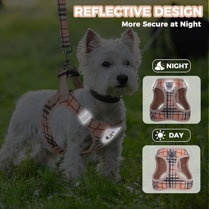 PAWCHIE Dog Harness and Leash Set, Step in No Pull Soft Pet Harness, Reflective Adjustable Puppy Vest for Small Medium Dogs Cats, No Choke Harness Vest with Poop Bag Holder for Walking,Running,Beige S