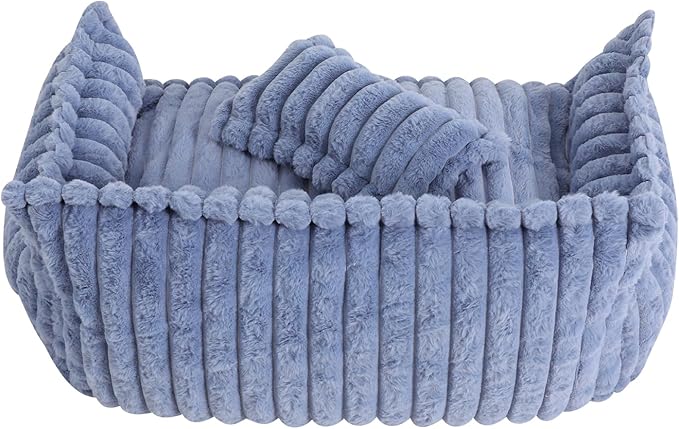 Blue Plush Pet Sofa Bed for Small Dogs & Cats, Removable Washable Fluffy Couch with Pillow, Non-Slip Soft Cat Dog Bed Large Size, Modern Pet Furniture(Blue)