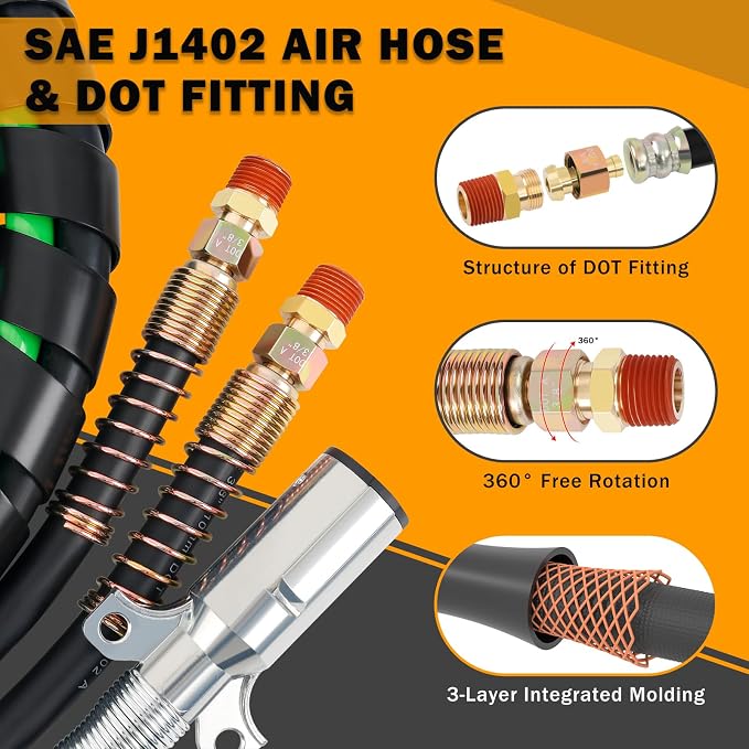 12FT Semi Truck Air Lines Kit 3IN1 Trailer Cord and Air Brake Hoses Assembly