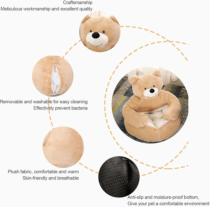 Dog Sofas & Chairs, pet Shape Sofa, Slip Resistant Dog cat Furniture, Adorable Bear Shaped Pet Sofa Bed, Washable Dog cat Couch, Plush Soft Couch for Dogs and Cats S(bottomDiameter46cm) Khaki