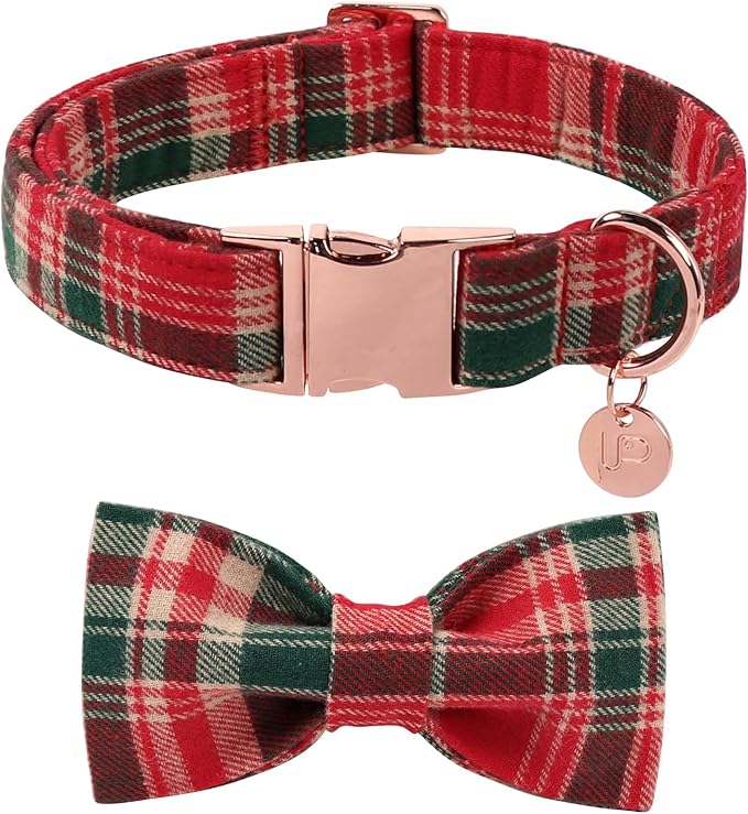 Christmas Plaid Dog Collar with Bow Tie– Adjustable Red & Green Checkered Dog Collar for Small Medium Large Dogs, Soft Xmas Plaid Puppy Collars with Quick Release Buckle XL