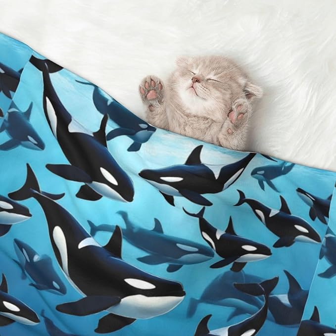 Two Sided Plush Pet Blanket for Crates Carriers Home Use, Killer Whales Orcas Ocean Sea Animals, Reversible Throw with Cozy Dot Fabric and Silky Reverse for Small Large Pets