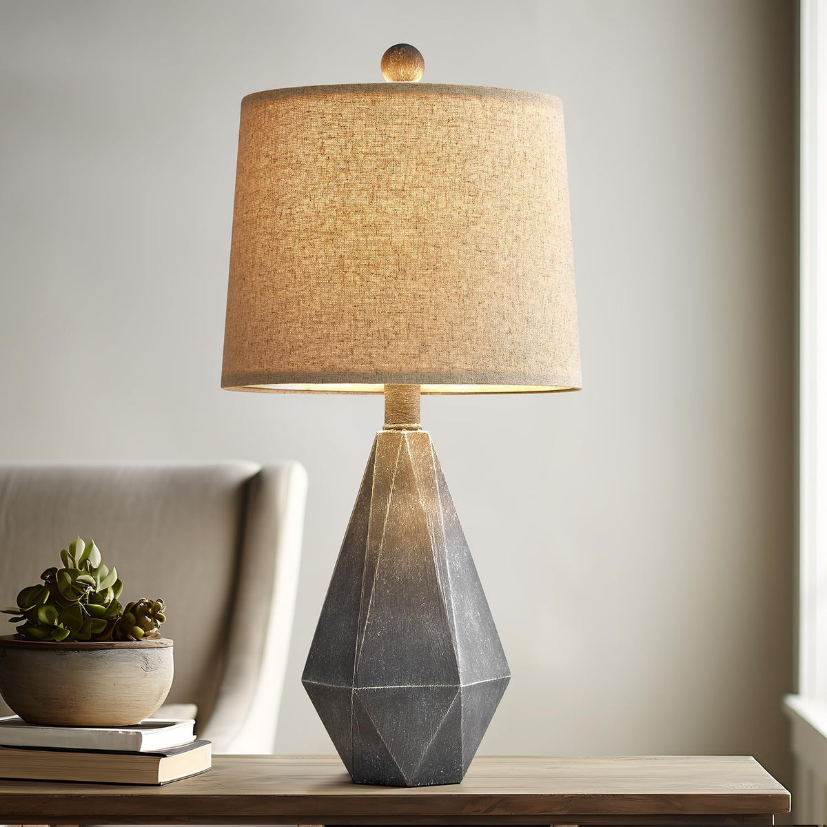 PoKat 20.25" Rustic Farmhouse Table Lamp Sets of 2 for Living Room Bedroom Deep Grey Contemporary Classic Bedside Nightstand Lamp with White Fabric Shade, Suitable for Small Place