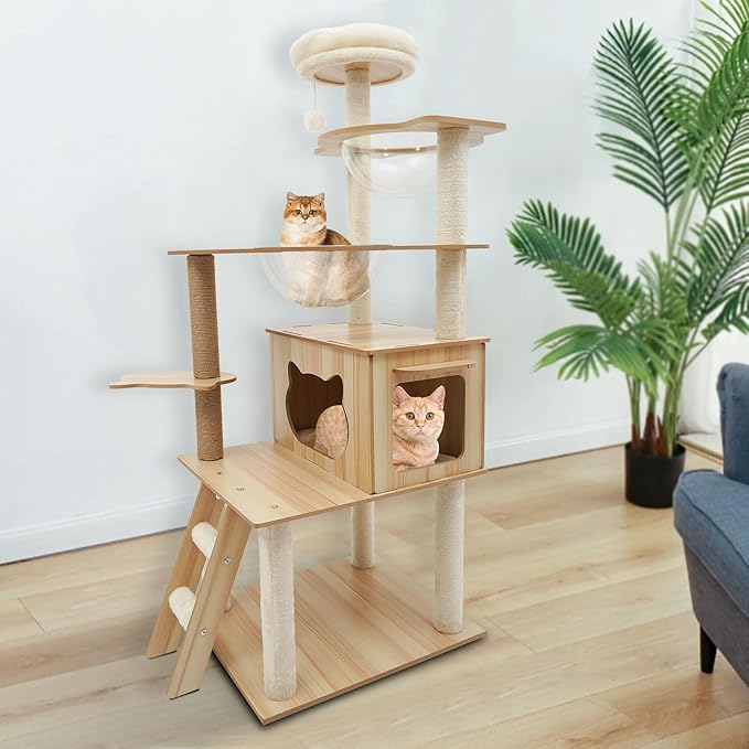 Wood Cat Tree, Modern 5-Tier Wooden Cat Tree, Wooden Tower with Acrylic Space Capsules & Sisal Scratching Post, 55.1in Multi-Level Activity Center for Indoor Cats (22lbs Capacity)