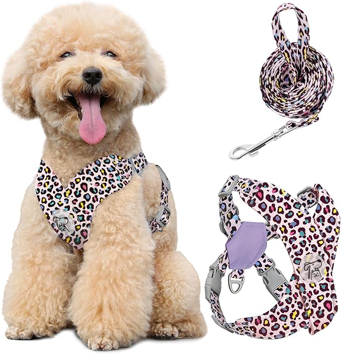 Pawaboo Small Dog Harness and Leash Set, Puppy Harness X-Frame No Pull No Choke, Dog Vest Harnesses Adjustable for Small Medium Sized Dogs,Soft Breathable Pet Harnesses for Walking, M, Pink Leopard