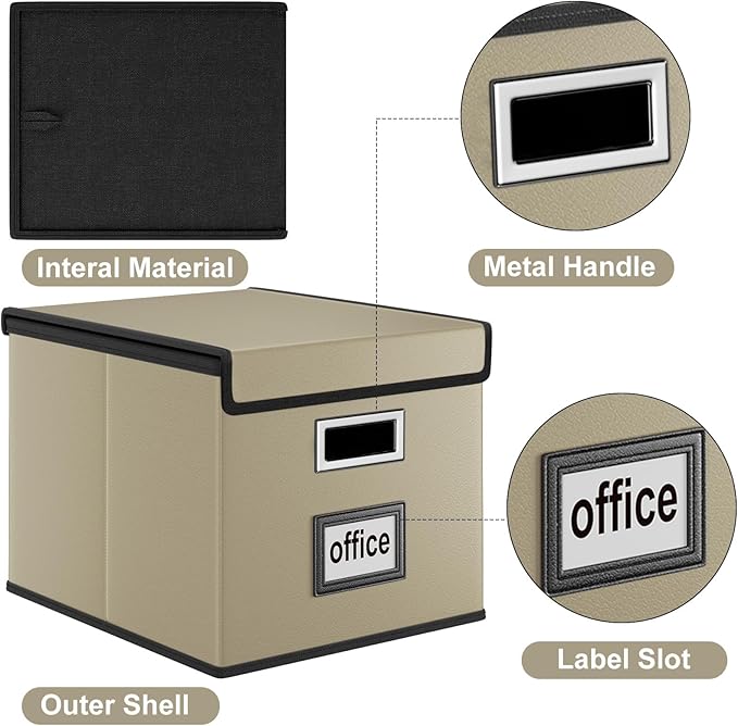 Huolewa Faux Leather File Organizer Box with Lid, Collapsible Hanging File Folder Box Organizer with Plastic Slides, Decorative Home/Office Filing System Boxes for File and Folder Storage-Khaki